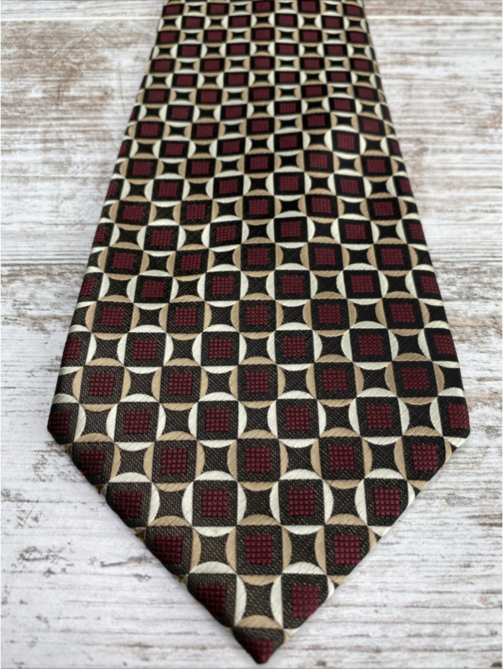 Stafford Essentials Tie Geometric Red Gold Black Extra Long 63” Polyester - Picture 2 of 6